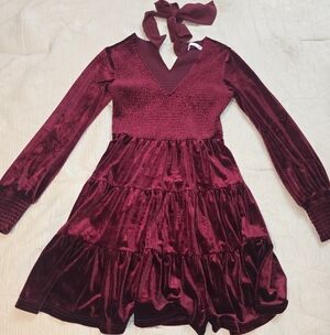 Altar’d State Velvet Wine Mini Dress | Smocked Top | Long Sleeve | S
